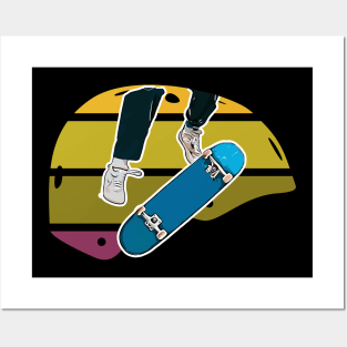 Colorful Retro Skateboard Helmet with Kickflip Posters and Art